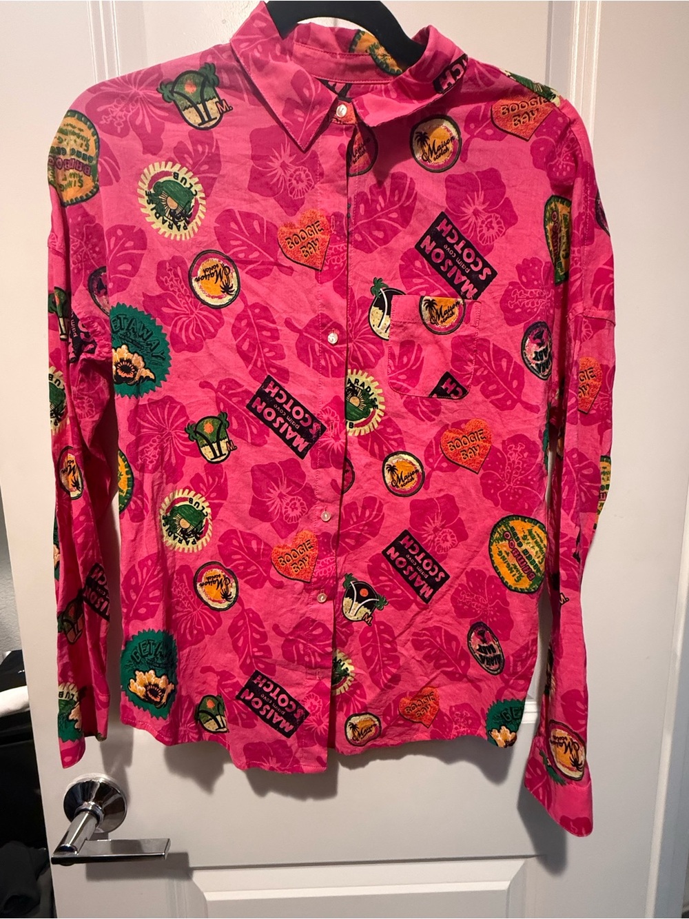 Scotch & Soda Pink Button-Down Shirt with Multicolor Badge Prints